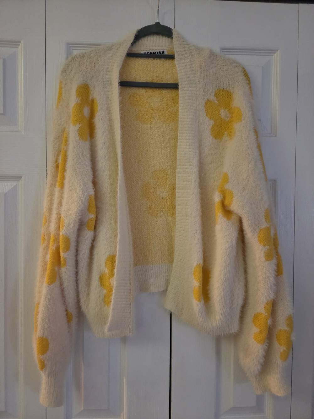 Wish Cream Open-Front Cardigan with Yellow Floral Accents